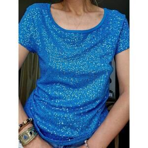 Blue Sequined Embellished Top Tee Women Festive Party S M Calvin Klein Shiny